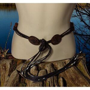 Belt Tie On Hippie Boho Brown Beaded & Buttons Alternating Leather String 36" +